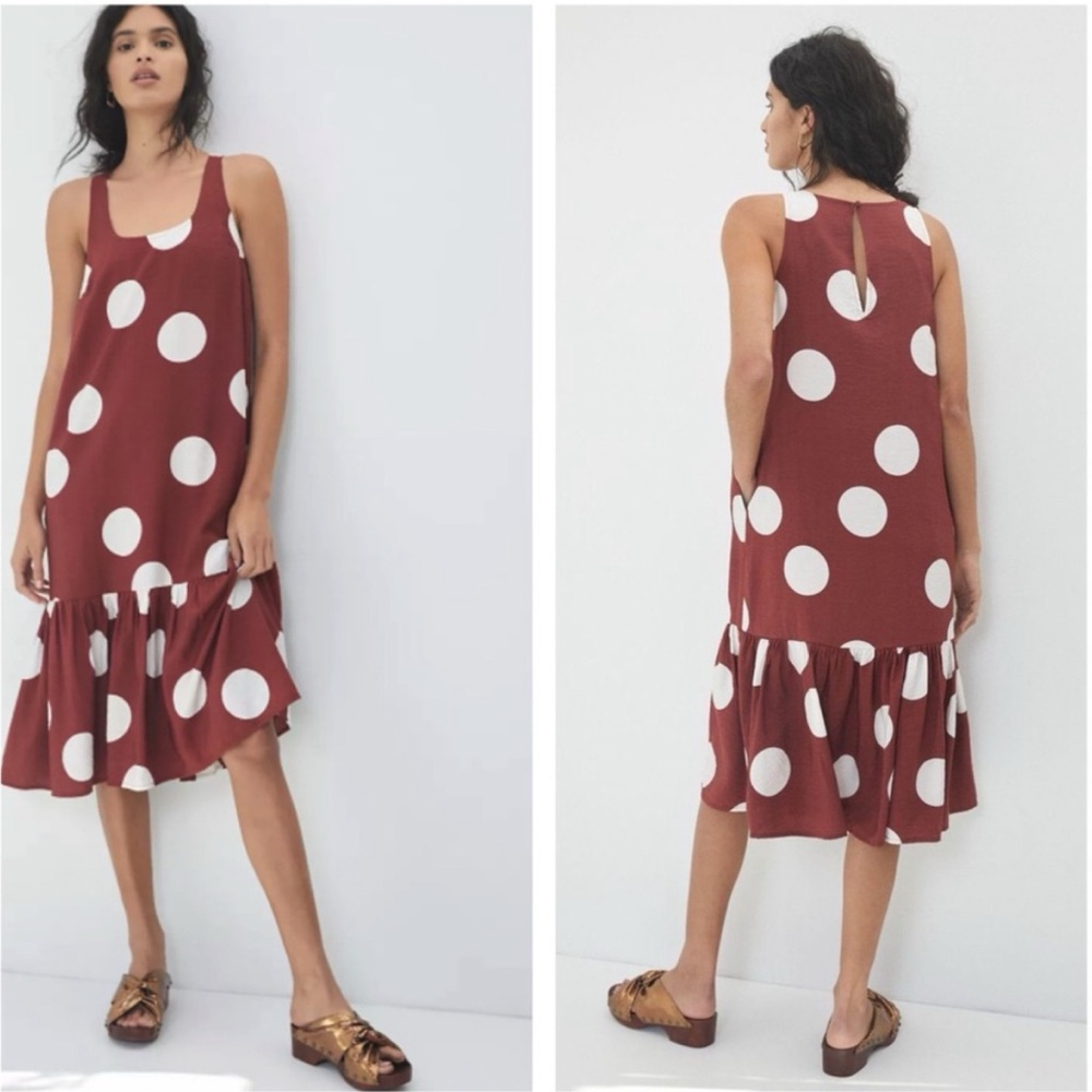 Anthropologie Michaela Polka Dot Flounced Midi Dress XS Rust + White